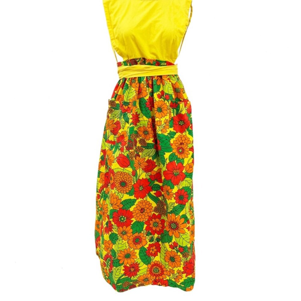 1970's Japanese Design House Yellow & Floral Wrap Around Cotton Maxi Dress